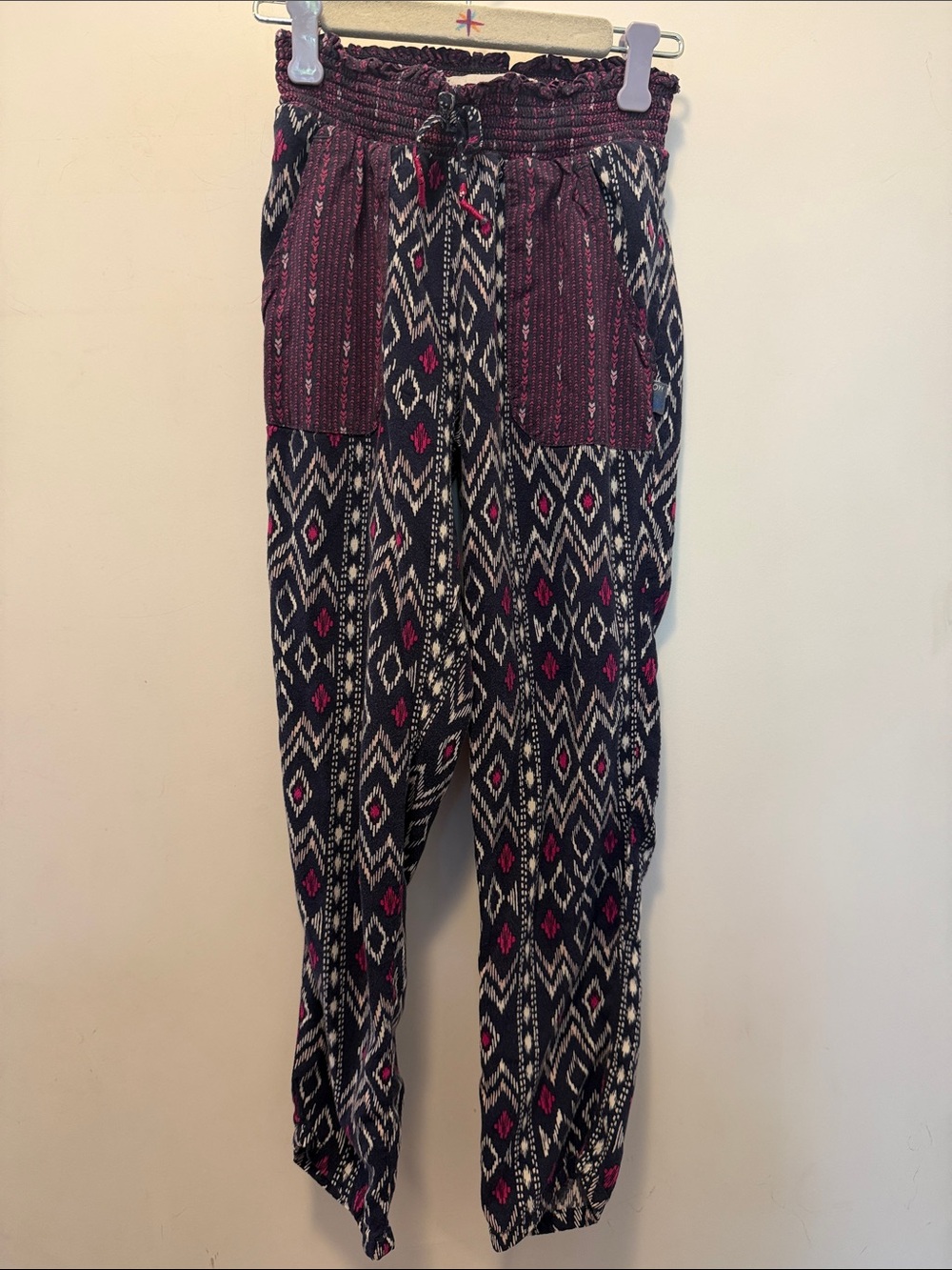 Printed Elastic-Waist Pants in Navy, White & Plum